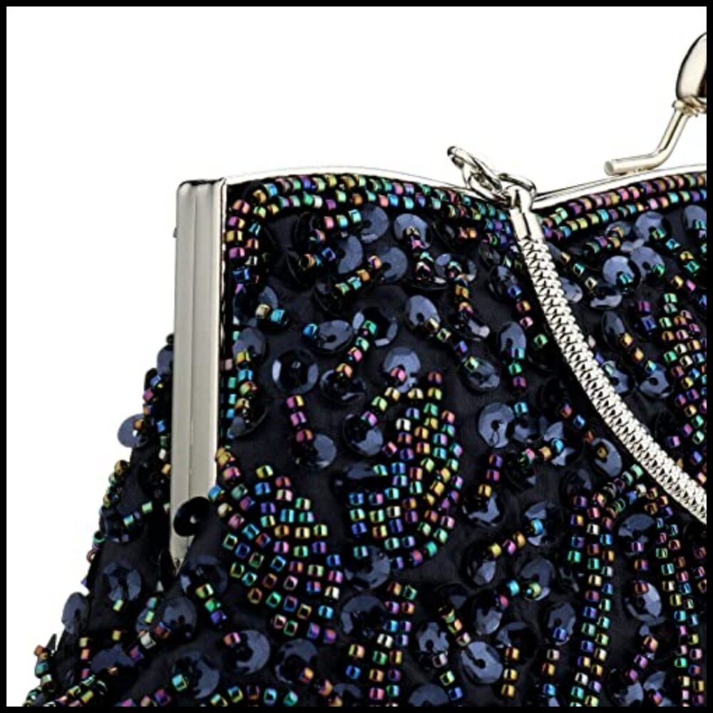 Elegant Beaded Sequin Floral Clutch Bag Detachable Wristlet Evening Purse - Picture 6 of 7